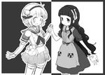  agenasu greyscale hardgore_alice holding_hands long_hair mahou_shoujo_ikusei_keikaku mahou_shoujo_ikusei_keikaku_unmarked monochrome multiple_girls short_hair smile snow_white_(mahoiku) 