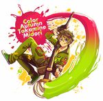  alternate_costume aoyagi_(ao0701yagi) art_brush blue_eyes brown_hair character_name ensemble_stars! gloves highres holding jumpsuit looking_at_viewer male_focus paint paint_splatter paintbrush shoes smile sneakers solo takamine_midori tongue tongue_out unzipped 
