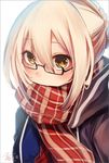  artoria_pendragon_(all) bangs black-framed_eyewear blonde_hair braid checkered checkered_scarf close-up commentary_request covered_mouth dated eyebrows_visible_through_hair fate/grand_order fate_(series) glasses hair_between_eyes koruta_(nekoimo) looking_at_viewer mysterious_heroine_x_(alter) red_scarf scarf semi-rimless_eyewear sidelocks signature simple_background solo under-rim_eyewear upper_body white_background yellow_eyes 
