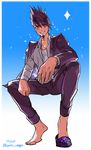  aqua_background arched_soles arm_out_of_sleeve barefoot big_hair black_hair blazer danganronpa facial_hair full_body goatee grin haun highres jacket jacket_on_shoulders jacket_over_shoulder large_hands looking_at_another looking_at_viewer male_focus momota_kaito new_danganronpa_v3 open_blazer open_clothes open_jacket pants purple purple_eyes purple_footwear purple_hair reaching_out school_uniform shirt shoe_dangle simple_background single_slipper slippers slippers_removed smile solo space space_print spiked_hair squatting starry_sky_print tsurime uniform v-shaped_eyebrows 