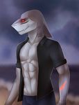  abs anthro beach clothed clothing cloud felicia_cat fish male marine muscular open_shirt outside red_eyes seaside shark solo standing 