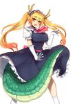  artist_name bad_id bad_pixiv_id blonde_hair blush breasts dragon_girl dragon_horns dragon_tail fangs frills gloves gradient_hair horns kobayashi-san_chi_no_maidragon large_breasts long_hair looking_at_viewer maid maid_headdress multicolored_hair necktie open_mouth short_sleeves simple_background slit_pupils smile socks solo tail teeth terupancake tooru_(maidragon) twintails twitter_username white_background white_gloves white_legwear 