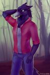  anthro avian beak bird clothed clothing corvid feathers felicia_cat female forest looking_at_viewer raven smile solo standing tree 