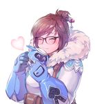  ^_^ artist_name bangs beads belt belt_pouch black-framed_eyewear blue_gloves blush breasts brown_eyes brown_hair closed_eyes closed_mouth coat drone eyebrows_visible_through_hair fur-trimmed_jacket fur_coat fur_trim glasses gloves hair_bun hair_ornament hair_stick happy harness heart hug jacket large_breasts machinery mei_(overwatch) overwatch panza parka pouch robot short_hair sidelocks simple_background smile snowball_(overwatch) snowflake_hair_ornament solo strap swept_bangs upper_body utility_belt white_background winter_clothes winter_coat 