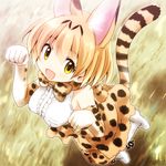  animal_ears bare_shoulders blonde_hair bow bowtie breasts cat_ears cat_tail commentary_request extra_ears eyebrows_visible_through_hair kemono_friends looking_at_viewer medium_breasts open_mouth paw_pose serval_(kemono_friends) serval_ears serval_print serval_tail short_hair skirt sleeveless smile solo tail watarui yellow_eyes 