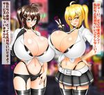  2girls blonde_hair blue_eyes breasts brown_hair gigantic_breasts kazuu_(pixiv) multiple_girls 