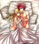  1girl bare_shoulders bed_sheet blonde_hair breasts closed_eyes collarbone earrings fairy_tail frilled_pillow frills from_above grin heart heart_earrings hetero highres holding_hands jewelry large_breasts leonstar long_hair lucy_heartfilia naked_sheet natsu_dragneel open_mouth pillow red_hair sideboob smile spiked_hair 