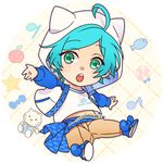  :0 ahoge alternate_costume animal_hood aqua_eyes aqua_hair blue_eyes blue_hair cat_hood chain chibi dear_daniel eighth_note ensemble_stars! full_body gold_chain hello_kitty hood jacket lowres male_focus musical_note nayuta_(charinkoo) open_clothes open_jacket sash shinkai_kanata shoes sneakers solo 