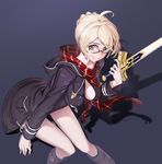 ahoge arm_at_side artoria_pendragon_(all) bad_id bad_pixiv_id bangs belt_boots black-framed_eyewear black_background black_coat blonde_hair boots braid breasts closed_mouth coat drawstring duffel_coat excalibur fate/grand_order fate_(series) french_braid fringe_trim glasses hair_bun hand_up holding holding_sword holding_weapon hood hood_down hooded_coat knee_boots long_sleeves looking_at_viewer medium_breasts mysterious_heroine_x_(alter) naked_coat plaid plaid_scarf pocket purple_footwear rabbit_(tukenitian) red_scarf scarf shadow short_hair sidelocks signature simple_background solo sword thigh_gap thighhighs unsheathed weapon winter_clothes winter_coat yellow_eyes 