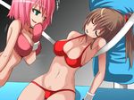  2girls beaten bikini boxing boxing_gloves boxing_ring breasts brown_hair cleavage defeated evil_grin evil_smile eyes_closed green_eyes humiliation injury large_breasts laughing multiple_girls open_mouth original pink_bikini pink_hair ryona shamanwer smirk sweat swimsuit thong unconscious underwear 