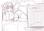  2017 anthro bed breasts cat dbaru digital_media_(artwork) feline female lying_on_bed mammal mature_female mrs._katswell nickelodeon nipples one_breast_out sketch slightly_chubby solo t.u.f.f._puppy television watching_tv whiskers 