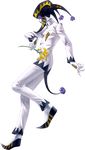  flower full_body gloves grin hat highres jester jester_cap joker_(persona_2) kazuma_kaneko male_focus official_art persona persona_2 pointy_shoes purple_flower purple_rose rose shoes smile solo transparent_background 