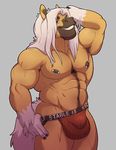  2016 5_fingers abs anthro biceps biped blue_eyes brown_nipples bulge clothed clothing digital_media_(artwork) ear_piercing equine eyebrows front_view grey_background hair hand_on_head hi_res horse jockstrap knuxlight leigh_(stahlregen) long_hair looking_at_viewer male mammal muscular muscular_male nipple_piercing nipples pecs piercing portrait raised_arm red_bottomwear red_clothing red_underwear simple_background smile smirk snout solo standing teeth three-quarter_portrait topless underwear white_hair white_tail 