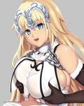  :d araimooah bangs bare_shoulders black_gloves blonde_hair blue_eyes blush breast_squeeze breasts chain commentary_request elbow_gloves fate/grand_order fate_(series) gloves headpiece jeanne_d'arc_(fate) jeanne_d'arc_(fate)_(all) large_breasts long_hair looking_at_viewer open_mouth paizuri paizuri_over_clothes penis sideboob smile solo_focus upper_body 