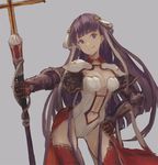 bangs blue_eyes breasts cleavage earrings eyebrows_visible_through_hair fate/grand_order fate_(series) gauntlets grey_background highres holding holding_staff jewelry kouzuki_kei large_breasts leotard long_hair looking_at_viewer navel parted_lips purple_hair red_legwear saint_martha simple_background smile solo staff thighhighs white_leotard 