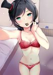  bad_id bad_pixiv_id black_hair blue_eyes blush bow bow_bra bow_panties bra breasts cleavage cowboy_shot hat japanese_clothes kaetzchen kantai_collection matsukaze_(kantai_collection) mouth_hold navel outstretched_arm panties red_bra red_panties short_hair small_breasts solo top_hat tsurime underwear underwear_only wavy_hair 