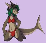  anthro bikini black_hair bulge clothing fish girly green_eyes green_highlights hair highlights kneeling male marine navel pandx piercing shark simple_background smile solo swimsuit sydney_(bastard) teeth 