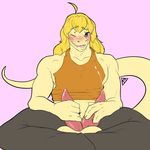  ahegao blonde_hair blush double_dong hair lizard looking_at_viewer looking_pleasured muscular orgasm reptile scalie sitting snake strawberrycucumber 