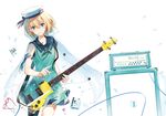  amplifier bass_guitar blonde_hair dress eyewear_removed glasses green_eyes hat instrument light_smile looking_at_viewer miz original red-framed_eyewear sailor_dress short_hair simple_background solo sundress thighhighs white_background 