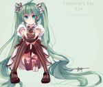 absurdres ahoge aqua_eyes character_name dated full_body gift green_hair hair_ribbon hatsune_miku highres long_hair looking_at_viewer mary_janes moon-cake ribbon shoes sitting smile solo striped striped_legwear thighhighs twintails valentine vertical-striped_legwear vertical_stripes very_long_hair vocaloid 