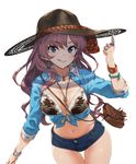  :q bag between_breasts bikini_top blue_eyes blue_ribbon blue_shirt blush bracelet breasts brown_hat buttons cleavage collarbone collared_shirt cowboy_hat cowboy_shot denim denim_shorts drawstring earrings eyebrows_visible_through_hair front-tie_top hat heart heart_necklace highres ichinose_shiki idolmaster idolmaster_cinderella_girls index_finger_raised jewelry long_hair long_sleeves looking_at_viewer medium_breasts navel pendant pyz_(cath_x_tech) red_eyes ribbon ring satchel shiny shiny_skin shirt shorts simple_background solo standing stomach strap_cleavage thigh_gap tongue tongue_out unbuttoned unbuttoned_shirt wavy_hair western white_background wing_collar wristband 