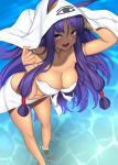  1girl absurdres animal_ears armlet arms_up bangs bare_shoulders bikini blanket blush bracelet breasts cleavage collarbone cosplay dark_skin facepaint facial_mark fate/grand_order fate_(series) hair_tubes highres jackal_ears jewelry large_breasts leaning_forward legs long_hair looking_at_viewer low-tied_long_hair medjed medjed_(cosplay) nebusoku nitocris_(fate/grand_order) nitocris_(swimsuit_assassin)_(fate) open_mouth purple_eyes purple_hair sarong sidelocks smile solo standing swimsuit thighs very_long_hair water white_bikini 