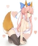  animal_ear_fluff animal_ears backless_dress backless_outfit bangs bare_shoulders black_legwear blue_bow bow breasts dress fate/extra fate_(series) fox_ears fox_tail hair_bow highres kneeling long_hair looking_at_viewer medium_breasts meme_attire naked_sweater pink_hair sideboob silver_(chenwen) simple_background solo sweater tail tamamo_(fate)_(all) tamamo_no_mae_(fate) thighhighs turtleneck turtleneck_sweater v_arms virgin_killer_sweater white_background white_sweater yellow_eyes 