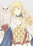  armor bird blonde_hair cape feathered_wings feh_(fire_emblem_heroes) fire_emblem fire_emblem_heroes gloves green_eyes grey_background hakirino highres owl sharena simple_background solo upper_body wings yellow_eyes 