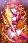  :o bangs bare_shoulders bloodline blue_eyes boots breasts character_request commentary_request detached_sleeves dress fire iotower large_breasts looking_at_viewer official_art pelvic_curtain red_dress red_footwear red_hair red_legwear short_dress short_hair solo thigh_boots thighhighs 