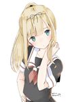  black_ribbon black_serafuku blonde_hair commentary_request green_eyes hair_ribbon highres ibuki_(ibukiro1003) kantai_collection long_hair looking_at_viewer ponytail ribbon school_uniform serafuku simple_background solo white_background yuudachi_(kantai_collection) 