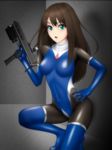  :o bangs blaster_(splatoon) bodysuit breasts brown_hair covered_navel covered_nipples green_eyes gun hand_on_hip hand_up highres holding holding_gun holding_weapon idolmaster idolmaster_cinderella_girls imi_uzi long_hair looking_at_viewer medium_breasts multicolored multicolored_bodysuit multicolored_clothes one_knee open_mouth samejima_minoru shadow shibuya_rin shiny shiny_clothes skin_tight solo submachine_gun weapon 