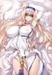  armpits bare_shoulders between_breasts blindfold blonde_hair blush breasts bridal_gauntlets covered_nipples dress goblin_slayer! habit jewelry large_breasts long_hair lying minamon_(vittel221) necklace on_back parted_lips pelvic_curtain side_slit sideboob solo sword_maiden underbust very_long_hair white_dress 