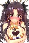  bangs bare_arms bare_shoulders bikini bikini_top black_ribbon breasts brown_hair chocolate chocolate_heart chocolate_on_breasts cleavage crossed_arms crown embarrassed eyebrows_visible_through_hair fate/grand_order fate_(series) furrowed_eyebrows hair_ribbon heart ishtar_(fate/grand_order) jewelry long_hair looking_at_viewer matarou_(genkai_toppa) medium_breasts neck_ring parted_bangs red_eyes ribbon shiny shiny_skin simple_background solo strapless strapless_bikini swimsuit tsurime twintails upper_body valentine wavy_hair white_background white_bikini 