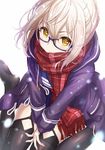  artoria_pendragon_(all) black_legwear blonde_hair blue-framed_eyewear blue_skirt blush closed_mouth coat drawstring eyebrows_visible_through_hair fate/grand_order fate_(series) garter_straps glasses knees_together_feet_apart long_sleeves looking_at_viewer miniskirt motion_blur mysterious_heroine_x_(alter) no_shoes open_clothes open_coat own_hands_together plaid plaid_scarf purple_coat red_scarf scarf school_uniform semi-rimless_eyewear serafuku short_hair simple_background sitting skirt smile snowing solo tareme thighhighs under-rim_eyewear v_arms wariza white_background yellow_eyes yuuki_(yukinko-02727) zettai_ryouiki 