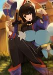  1girl black_eyes black_hair bodysuit bread breasts cape chloe_valens hat jacket mieu open_mouth ring shoes short_hair sword tales_of_(series) tales_of_legendia tales_of_the_abyss weapon 