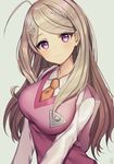  ahoge akamatsu_kaede bangs beamed_eighth_notes blush breasts brown_hair commentary_request danganronpa eighth_note gambe highres long_hair looking_at_viewer md5_mismatch medium_breasts musical_note musical_note_hair_ornament necktie new_danganronpa_v3 parted_bangs purple_eyes quarter_note school_uniform simple_background sixteenth_note smile solo sweater_vest 