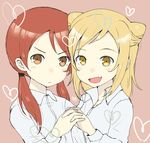  blonde_hair brown_eyes collared_shirt commentary_request demi-chan_wa_kataritai double_bun dress_shirt fang gedou_(ge_ge_gedou) hair_bun holding_hands interlocked_fingers long_sleeves looking_at_viewer low_twintails medium_hair multiple_girls open_mouth red_hair shirt siblings sisters standing takanashi_hikari takanashi_himari tied_hair twins twintails vampire white_shirt yellow_eyes 