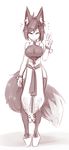  animal_humanoid big_breasts big_tail bracelet breasts canine clothed clothing eyes_closed female footwear fox fox_humanoid fully_clothed hair hairclip humanoid inner_ear_fluff japanese_clothing jewelry kiri_(sub-res) mammal monochrome platform_shoes sandals simple_background sketch smile solo standing sub-res v_sign white_background 
