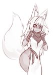  animal_humanoid big_tail blush breasts canine clothed clothing dark_skin female fox fox_humanoid fully_clothed hair hand_wraps humanoid inner_ear_fluff japanese_clothing long_hair mammal mana_(sub-res) monochrome no_underwear shy simple_background sketch slit_pupils solo standing sub-res white_background wide_hips wraps 