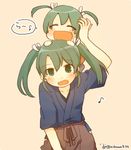  :d ^_^ chibi closed_eyes collarbone commentary dual_persona green_eyes green_hair hair_ribbon hakama_skirt hands_on_another's_head ina_(1813576) japanese_clothes kantai_collection multiple_girls open_mouth remodel_(kantai_collection) ribbon short_twintails smile twintails twitter_username zuikaku_(kantai_collection) 