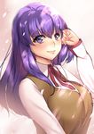  adjusting_hair bad_id bad_pixiv_id blouse breasts cherry_blossoms fate/stay_night fate_(series) gradient gradient_background hamada_pochiwo homurahara_academy_uniform large_breasts lips long_hair long_sleeves matou_sakura pink_lips purple_eyes purple_hair red_ribbon ribbon school_uniform solo tan_vest upper_body vest white_blouse 