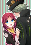  1boy 1girl blue_eyes blush breasts coat dezel_(tales) green_hair hair_ornament hair_over_eyes hair_tubes hat jacket open_mouth red_hair rose_(tales) scarf short_hair tales_of_(series) tales_of_zestiria 