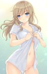  :3 bangs blue_eyes blue_shirt blush breasts cleavage closed_mouth collarbone collared_shirt commentary_request contrapposto cowboy_shot dressing eyebrows_visible_through_hair gradient gradient_background groin head_tilt highres light_brown_hair long_hair looking_at_viewer mashu_003 medium_breasts naked_shirt navel original partially_visible_vulva pussy_juice pussy_juice_trail shiny shiny_skin shirt short_sleeves smile solo standing stomach unbuttoned unbuttoned_shirt wing_collar 
