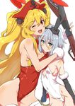  ;d animal_ears anne_bonny_(fate/grand_order) bare_arms bare_shoulders black_gloves black_hairband blonde_hair blush body_blush bow bowtie breast_press breasts bunny_ears bunnysuit clearite closed_mouth covered_navel cowboy_shot detached_collar elbow_gloves embarrassed facial_scar fake_animal_ears fate/grand_order fate_(series) fur-trimmed_gloves fur_trim gloves hairband hat holding large_breasts leotard long_hair looking_at_viewer mary_read_(fate/grand_order) medium_breasts multiple_girls one_eye_closed open_mouth pirate_hat red_bow red_hat red_leotard red_neckwear scar short_hair sideboob simple_background skull_print smile standing sweat thighs two_side_up v very_long_hair wavy_mouth white_background white_leotard 