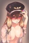  adjusting_clothes adjusting_hat areola_slip areolae blonde_hair blush breasts collarbone dress_shirt hat highres hplay large_breasts long_hair long_sleeves looking_at_viewer naked_shirt open_clothes open_shirt original parted_lips peaked_cap red_eyes shirt sidelocks solo upper_body white_shirt 