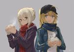  :d ahoge artoria_pendragon_(all) bangs baozi baseball_cap blonde_hair blue_eyes blue_scarf braid brown_eyes checkered checkered_scarf coat fate/grand_order fate_(series) food grey_background hair_between_eyes hat highres holding holding_food jacket kouzuki_kei long_hair looking_at_another looking_at_viewer multiple_girls mysterious_heroine_x mysterious_heroine_x_(alter) name_tag open_mouth red_scarf scarf side-by-side simple_background smile teeth track_jacket upper_body v-shaped_eyebrows 