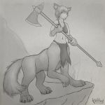  2019 breasts canine canine_taur clothing digital_media_(artwork) female fur hair hi_res holding_object holding_weapon klifflod looking_at_viewer mammal melee_weapon monochrome monster_girl_(genre) navel short_hair signature smile solo standing taur teeth weapon wolf wolf_taur 