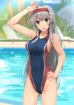  :d alternate_costume armpits arms_up ass_visible_through_thighs bad_id bad_pixiv_id blurry brown_eyes commentary_request competition_swimsuit cowboy_shot day depth_of_field hairband hand_on_hip highleg highleg_swimsuit highres kantai_collection long_hair looking_at_viewer one-piece_swimsuit open_mouth outdoors pool revision shading_eyes shoukaku_(kantai_collection) silver_hair smile solo soushou_nin swimsuit water 