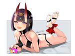  ankle_ribbon apple_inc. ass bangs barefoot barefoot_sandals blunt_bangs breasts fangs fate/grand_order fate_(series) feet full_body gift_card horns kaikodou_kana looking_at_viewer lying on_stomach oni oni_horns open_mouth purple_eyes purple_hair ribbon short_hair shuten_douji_(fate/grand_order) small_breasts smile solo the_pose twitter_username 
