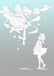  blue_background dress edoya_pochi floating flower gradient gradient_background hatoda_ako looking_up magical_girl mahou_shoujo_ikusei_keikaku mahou_shoujo_ikusei_keikaku_unmarked monochrome multiple_girls official_art pinafore_dress simple_background sketch snow_white_(mahoiku) twintails 